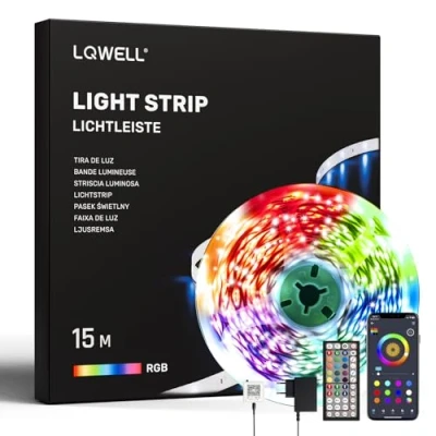 Afbeelding van LQWELL® 15 m ledstrip met afstandsbediening en app, Bluetooth muzieksynchronisatie, RGB lichtketting kleurverandering voor feest, huis, slaapkamer, tv
