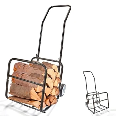 Afbeelding van Houten trolley van metaal, afneembare houthouder, houtwagen, transportwagen, hout, verwarming, rubberen banden, maximale belasting 50 kg