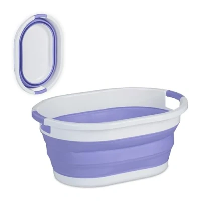 Afbeelding van Relaxdays opvouwbare wasmand kunststof draagbare wasgoedmand 36 liter heupwasmand Paars
