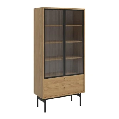 Afbeelding van Selsey OLAR Hoge vitrinekast met vier planken en twee lades 85 cm Carini Natuurlijke notenhout
