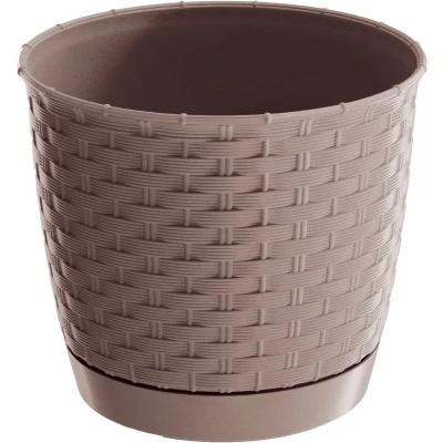 Afbeelding van Ronde gevlochten plantenpot/bloempot kunststof dia 30 cm en hoogte 26 in het taupe
