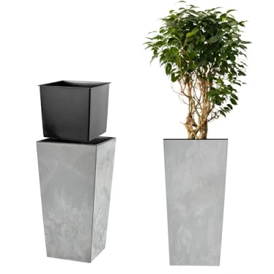 Afbeelding van KADAX Bloempot, bloembak van kunststof, plantenbak voor bloemen, binnen en buiten, tuin, balkon, terras, huis, weerbestendig, imitatie rotan (grijs beton, 68 cm hoog)