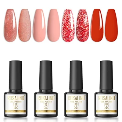 Afbeelding van ROSALIND UV gelnagellak, semi permanent, pastelrood, roze, glitter, 4 kleuren, 8 ml, geschikt voor manicure en thuisgebruik