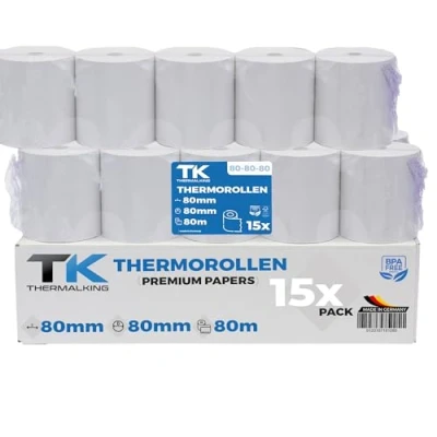 Afbeelding van 15 rollen hoogwaardig thermisch papier 80 mm x 12 gecertificeerd voor kassaprinter zoals Epson, IBM, Metapace enz.
