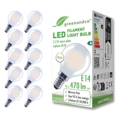 Afbeelding van greenandco 10 x matte led filamentlampen, E14, G45, 2,2 W, 470 lm, vervangt 40 2700 K, warmwit, 320 graden, 230 V, flikkervrij, energieklasse A, niet dimbaar
