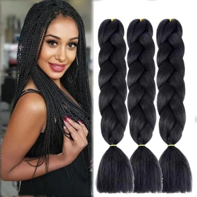 Afbeelding van Haarverlenging voor vlechthaar, 61 cm, jumbo braids highlights, 3 delig, kanekalon, gevlochten, kunsthaar, ombre, vlechten, synthetisch haar, vlechten (zwart)