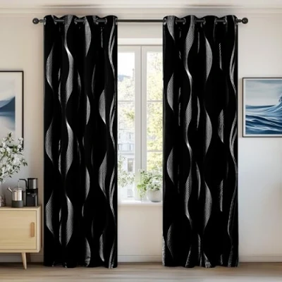 Afbeelding van Deconovo Verduisteringsgordijnen met ringen, 2 stuks, zwart, gestreept, kant en klaar, gordijnen voor woonkamer, Halloween, 117 x 229 cm (b h)