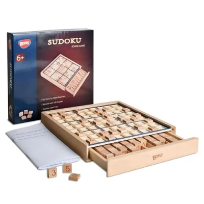 Afbeelding van BOHS Sudoku bordspel van hout met lade boek bevat 100 puzzels voor volwassenen stimulerende puzzel kantoor