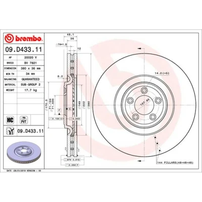 Afbeelding van BREMBO 09.D433.11 Remschijf 380 36 5 interne ventilatie Gecoat High carbon JAGUAR: F Type Coupe, XF Saloon, Sportbrake