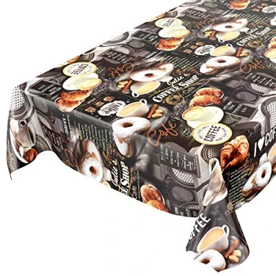 Afbeelding van ANRO Afwasbaar tafelzeil, koffiemotief, snoep, donuts, 120 x 140 cm, donkergrijs