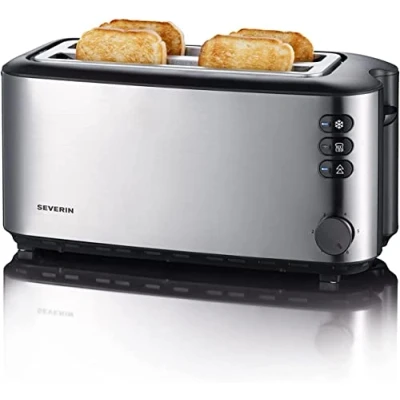 Image de SEVERIN Grille pain automatique 1 400 W, Toaster compact 2 fentes jusqu&#039;à 4 tranches, électrique avec réglage du degré de brunissage &amp; fonction décongélation, inox/noir, AT 2509