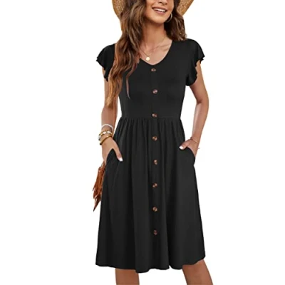 Afbeelding van Molerani Zomerjurk voor dames, casual, ruches, V hals, elastische taille, midi jurk met zakken, maten S 2XL, Zwart