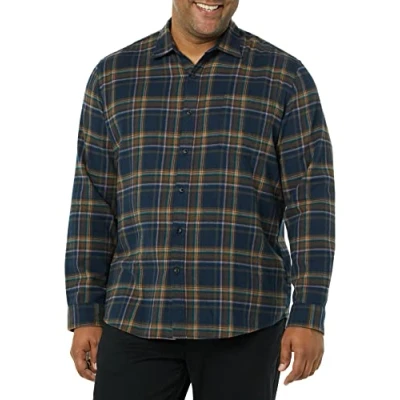 Image de Amazon Essentials Chemise en flanelle à manches longues (grandes tailles disponibles) Homme, Brun Bleu Marine Foncé Écossais, XL