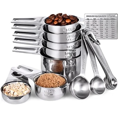 Afbeelding van maatbekers en lepels: U Taste set van 15 lepels roestvrij staal 18/8, 7 kopjes &amp; 1 magnetische meetomrekeningstabel (zilver)