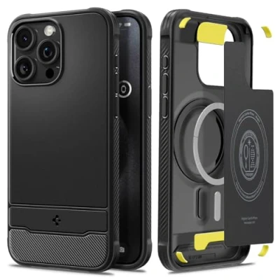 Image de Spigen Rugged Armor Magfit Coque de protection pour téléphone portable robuste compatibilité avec MagSafe polycarbonate, polyuréthanne thermoplastique (TPU), mousse à impact noir mat Apple iPhone 15 Pro