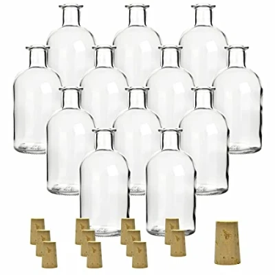 Afbeelding van gouveo Set van 12 glazen flessen 250 ml voor apothekers met deksel, ronde fles om te vullen, lege likeur, olie, azijn (AFRT250SKE)