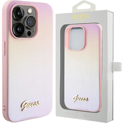 Afbeelding van Guess Saffiano Iridescent Script hoesje voor iPhone 14 Pro Max roze