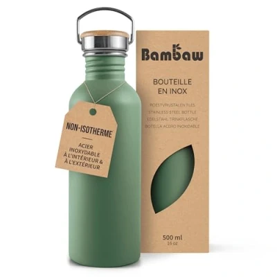 Afbeelding van Bambaw® Waterfles 500 ml Enkelwandige drinkfles RVS Niet Geïsoleerd Lekvrij, en Plasticvrij met Bamboe Dop Water Fles Perfect voor Reizen, Werk, Yoga, Wandelen Dagelijks Gebruik groen