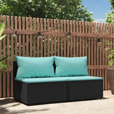 Afbeelding van Tuinmiddenbanken met kussens 2 st poly rattan zwart