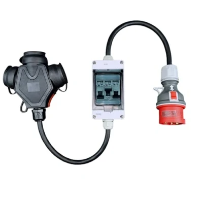 Afbeelding van RoadEu sterke stroomadapter, CEE stekker 16 A, 380 V naar 220 V, 3 Schuko koppelingen zekeringkast met stroomonderbrekers A C, 1 meter rubberen stroomkabel, adapter
