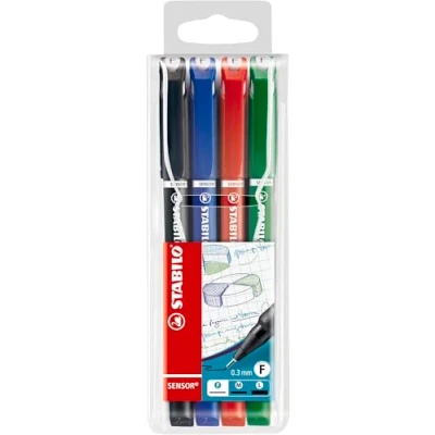Image de Stylo feutre pointe fine STABILO SENSOR Pochette x 4 stylos feutres 0,3 mm Noir/bleu/rouge/vert