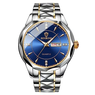 Afbeelding van JewelryWe Analoge kwartshorloges met kalender, waterdicht, 30 m, roestvrij stalen armband, voor dames en heren, strass wijzerplaat, Blauw herenhorloge, armband