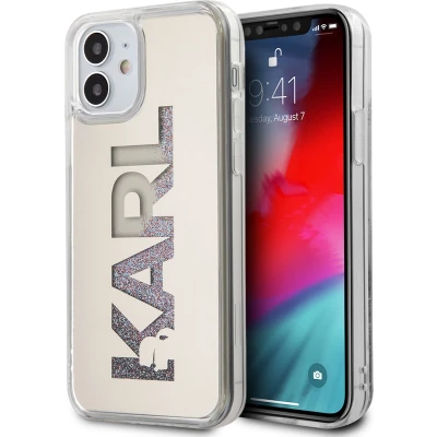 Afbeelding van Zilver hoesje van Karl Lagerfeld Backcover iPhone 12 Mini Liquid Glitter