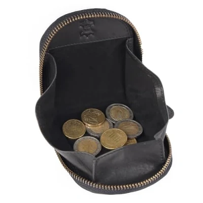 Afbeelding van Benthill Portemonnee van echt leer, mini voor munten met ritssluiting, schudportemonnee, dames en heren, portemonnee, zwart.,
