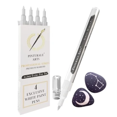 Afbeelding van Pinturale Arts witte Indelebile Marker, set van 4 acrylstiften, pen voor zwart papier met fijne punt 0,7 mm, hout, stof, glas, band, steen