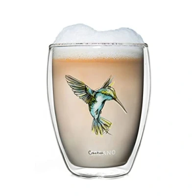 Afbeelding van Creano Thermisch glas met vogelprint kolibries Hummi dubbelwandig koffieglas, thermische mok 250 ml in geschenkdoos