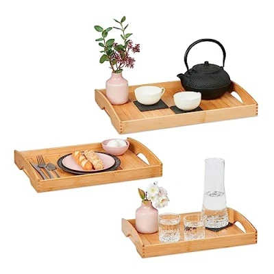 Afbeelding van Relaxdays dienblad bamboe set van 3 div. groottes ontbijt op bed handgrepen