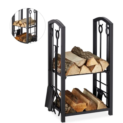 Afbeelding van Relaxdays brandhoutrek met haardstel vierdelig houtopslag zwart haardhout opslag