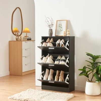Afbeelding van Schoenenkast Sykkylven 3 kleppen zwart 103x60x24 cm [en.casa]