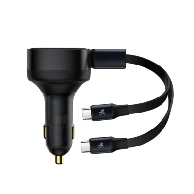 Afbeelding van Baseus 33W Fast Charge Autolader met Uitrekbare USB C Kabel Zwart