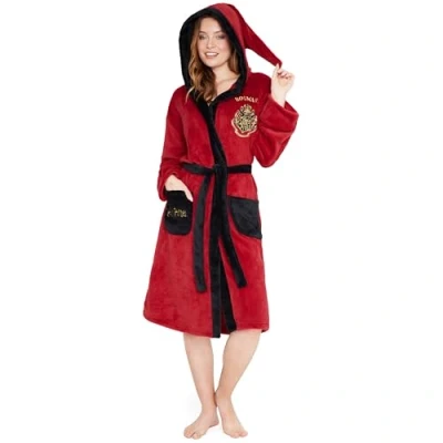 Afbeelding van Harry Potter peignoir en polaire pour femme avec poches à capuche nouées la taille, confortable Cadeau elle, rouge/noir, XL