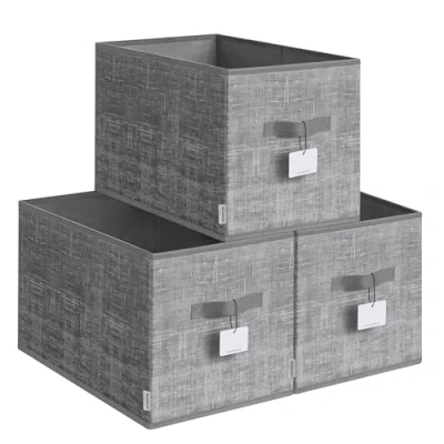 Afbeelding van SONGMICS 3 stuks opvouwbare stoffen opbergdozen 50 x 30 cm voor kast, 2 handgrepen, etiket, slaapkamer, woonkamer, riet grijs ROB450G01