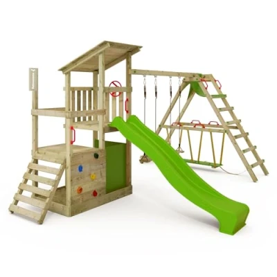 Afbeelding van FATMOOSE speeltoestel klimtoestel FruityForest Fun XXL met surfaanbouw, schommel en appelgroene glijbaan, outdoor kinderspeeltoestel zandbak, ladder &amp; speelaccessoires voor de tuin