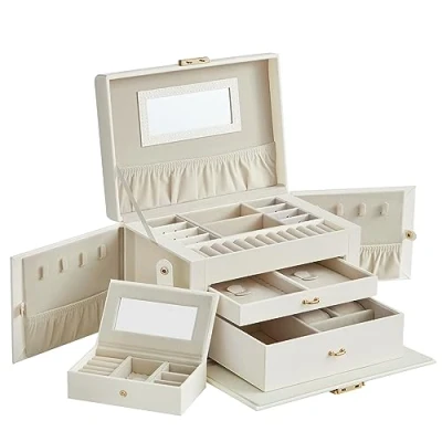 Afbeelding van SONGMICS Sieradenkistje met 2 laden, afsluitbare sieradenorganizer spiegel, afneembare reisdoos voor ringen, armbanden, oorbellen, fluwelen voering, PU (polyurethaan), MDF (middeldichte
