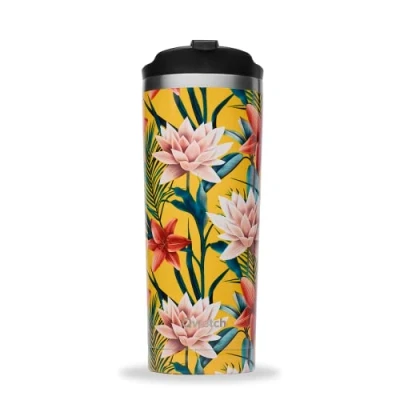 Afbeelding van QWETCH Thermosbeker voor onderweg Tropisch Geel 470 ml Roestvrijstalen koffie en theemok 6 uur warm 12 koud BPA vrij, waterdicht
