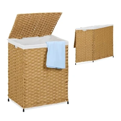 Afbeelding van Relaxdays wasmand met deksel rotanlook 90 liter zak gevlochten bruin beige