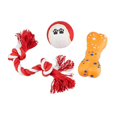 Afbeelding van relaxdays hondenspeelgoed set van 3 kauwspeelgoed hond speeltjes bot bal touw