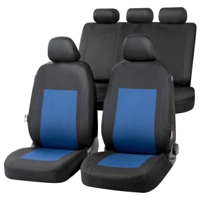 Afbeelding van Autostoelhoes Sandray complete set, universele autostoelhoezen blauw zwart, stoelhoezen polyester