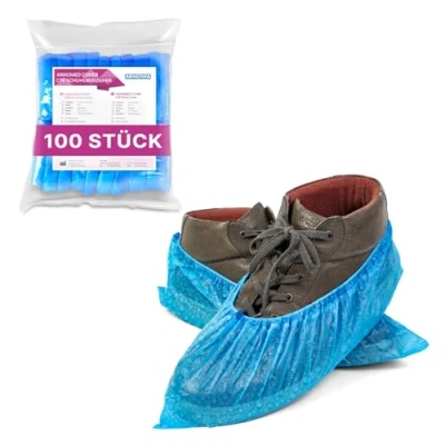 Afbeelding van ARNOMED Wegwerpoverschoenen, 100 stuks blauwe wegwerpslippers, CPE overschoenen, wegwerpschoenbeschermer eenheidsmaat (15 x 41 cm), latexvrije wegwerpschoenbescherming voor de bouwplaats, Blauw