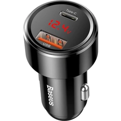 Afbeelding van Baseus Dubbele USB + C Autolader 4.0+ / QC3.0 45W Snellader Zwart