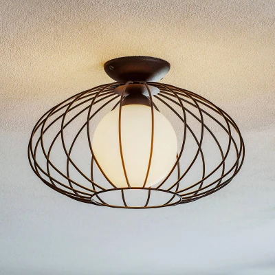 Afbeelding van Plafondlamp Kronos, kooi zwart, een opalen bol