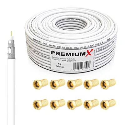 Afbeelding van 50m 135dB Coax SAT Kabel Coaxiale Antennekabel Koaxkabel voor Satelliet Antenne TV Radio 4 voudig afgeschermd DVB S / S2 C T + 10 F stekkers