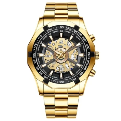 Afbeelding van JewelryWe Lichtgevend herenhorloge van roestvrij staal: waterdicht tot 30 m, kalender, analoog kwartshorloge, roestvrijstalen armband, imitatie mechanisch skelet, met achthoekige bezel, Goud