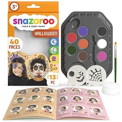 Afbeelding van Snazaroo Halloween personages gezichtsschilderset, voor kinderen en volwassenen, 8 kleuren, 13 sjablonen, kwast, spons, gids, waterbasis, make up schilderen