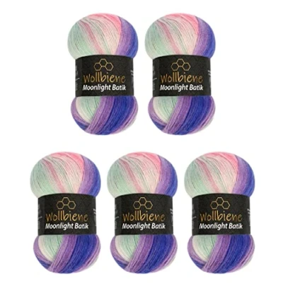 Afbeelding van Wollbiene Moonlight Batik Breiwol, 5 x 100 g, totaal 500 20% Turkse wol, kleurverloop (3090 paars, groen, roze)