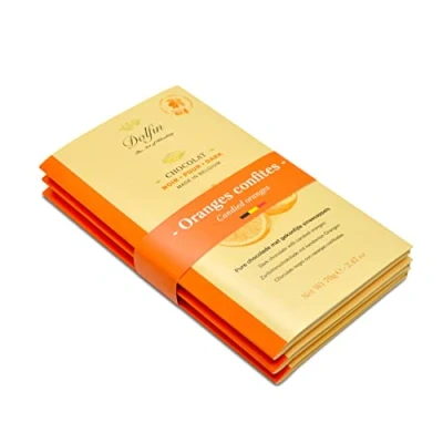 Afbeelding van Dolfin Donkere chocolade en gekonfijte sinaasappels decadente Belgische chocoladetablet, met zure scherpe smaken, hoogwaardig snoep, cadeau idee gemaakt in België, 210 g, 3 stuks